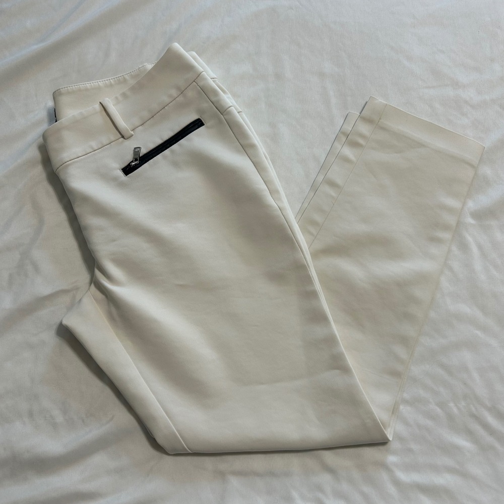 Ann Taylor Petite Signature Cream Trousers Faux Leather Trim Zip Pocket 4P